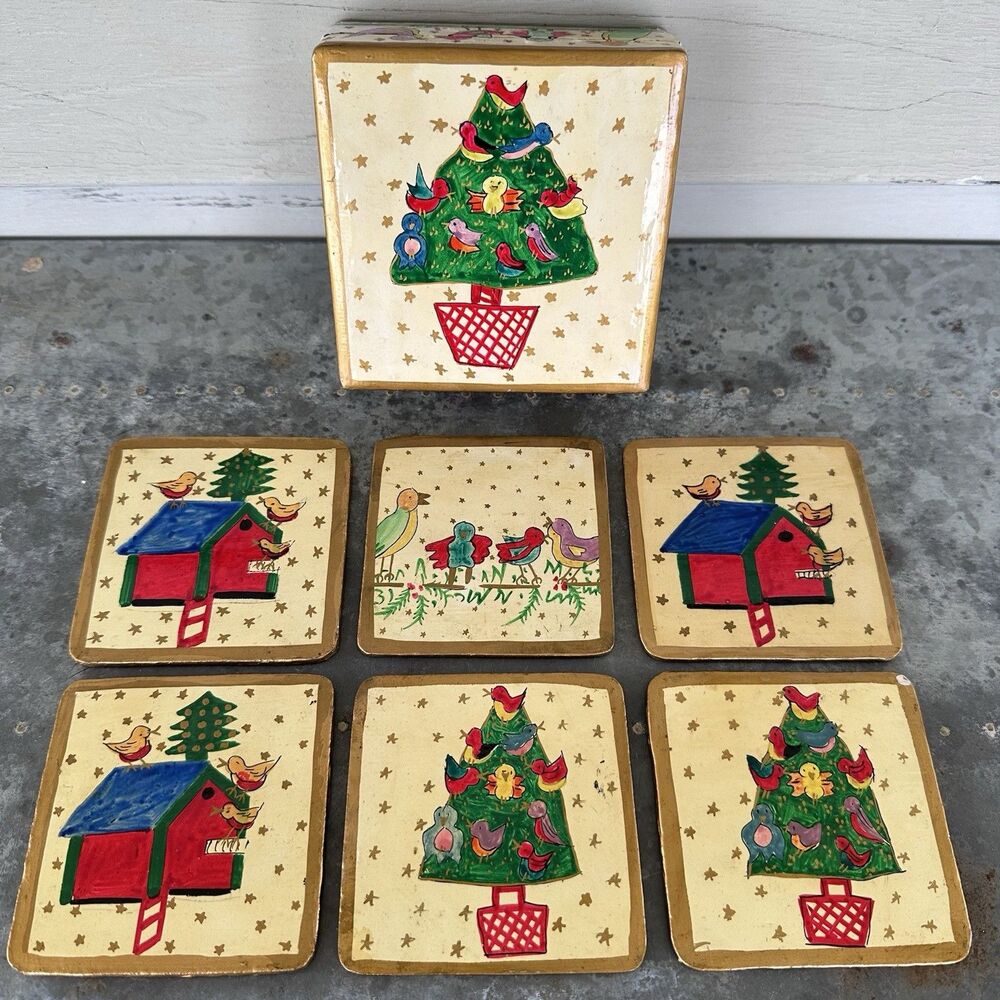 VTG Foreside Christmas Birdhouse Tree Coasters Set 6 Papier Mache Square W/ Box